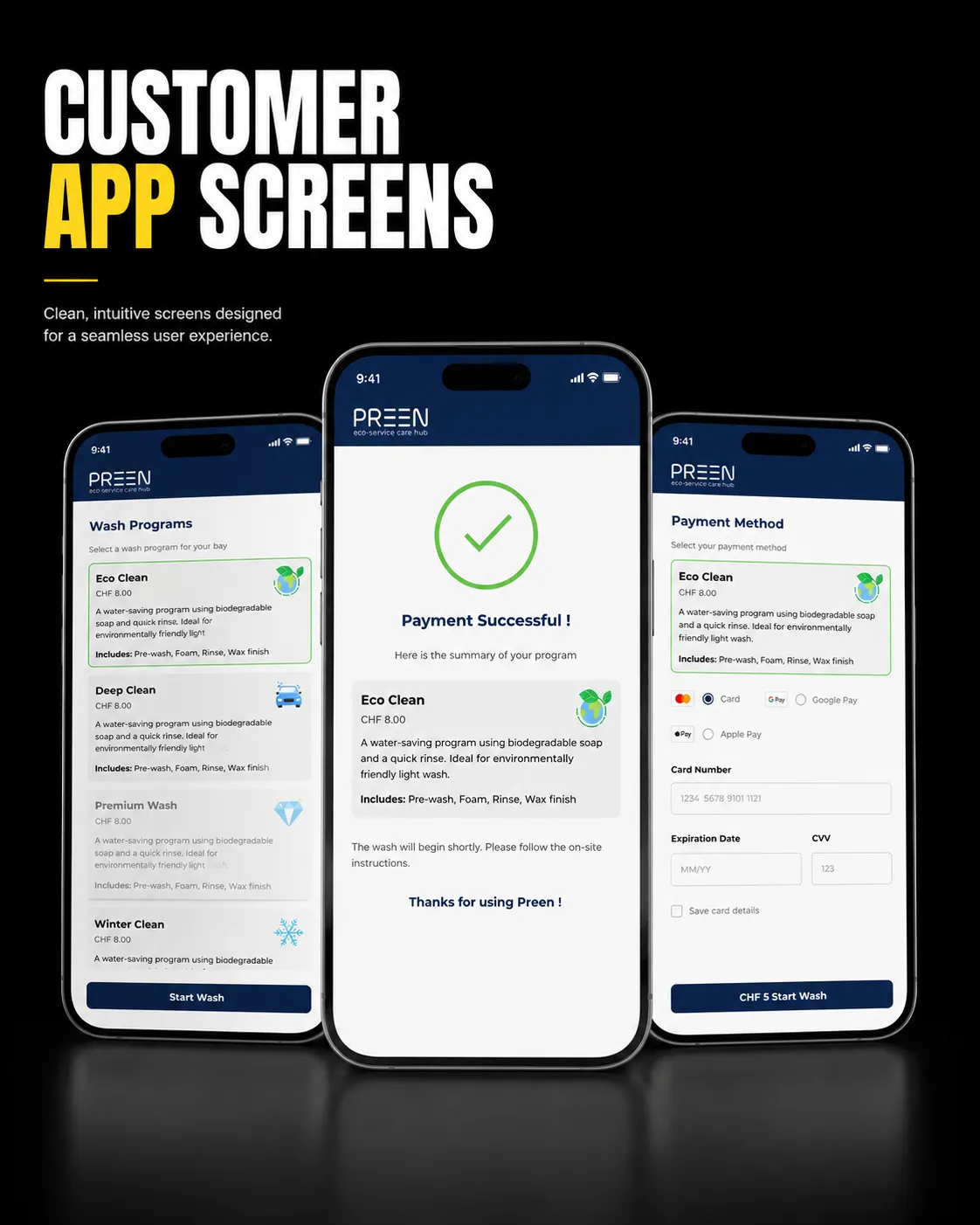 Écrans de l'app client — choix du programme de lavage
