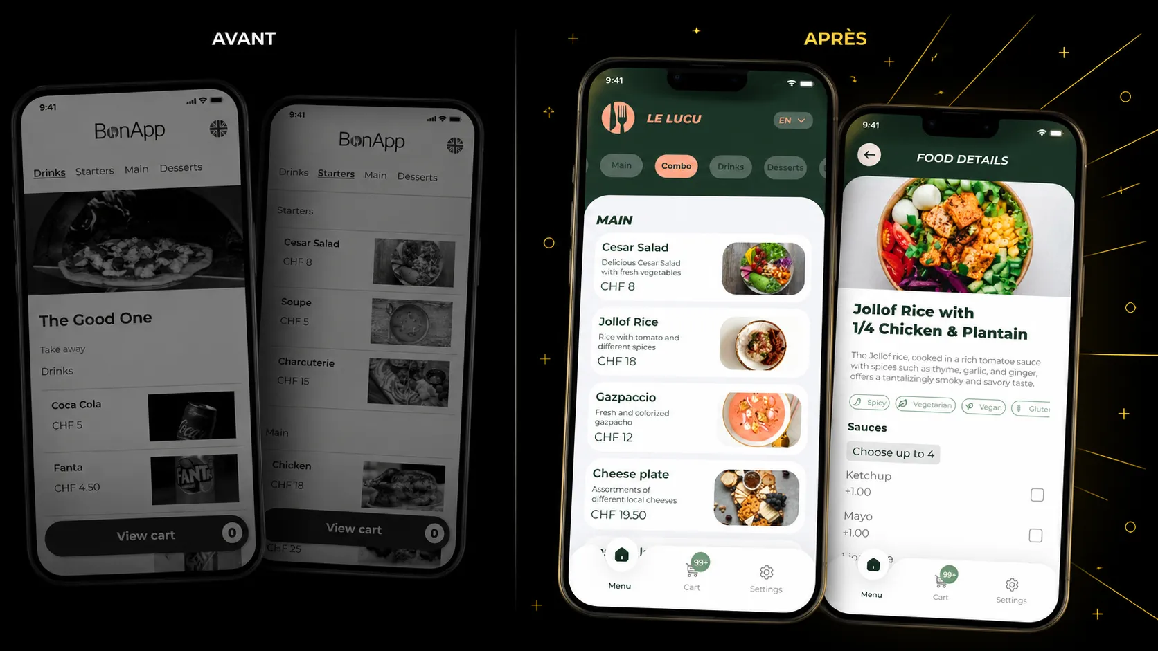 Avant / après — l'interface BonApp Customer redessinée, menus, panier et détail d'un plat sur quatre écrans mobiles
