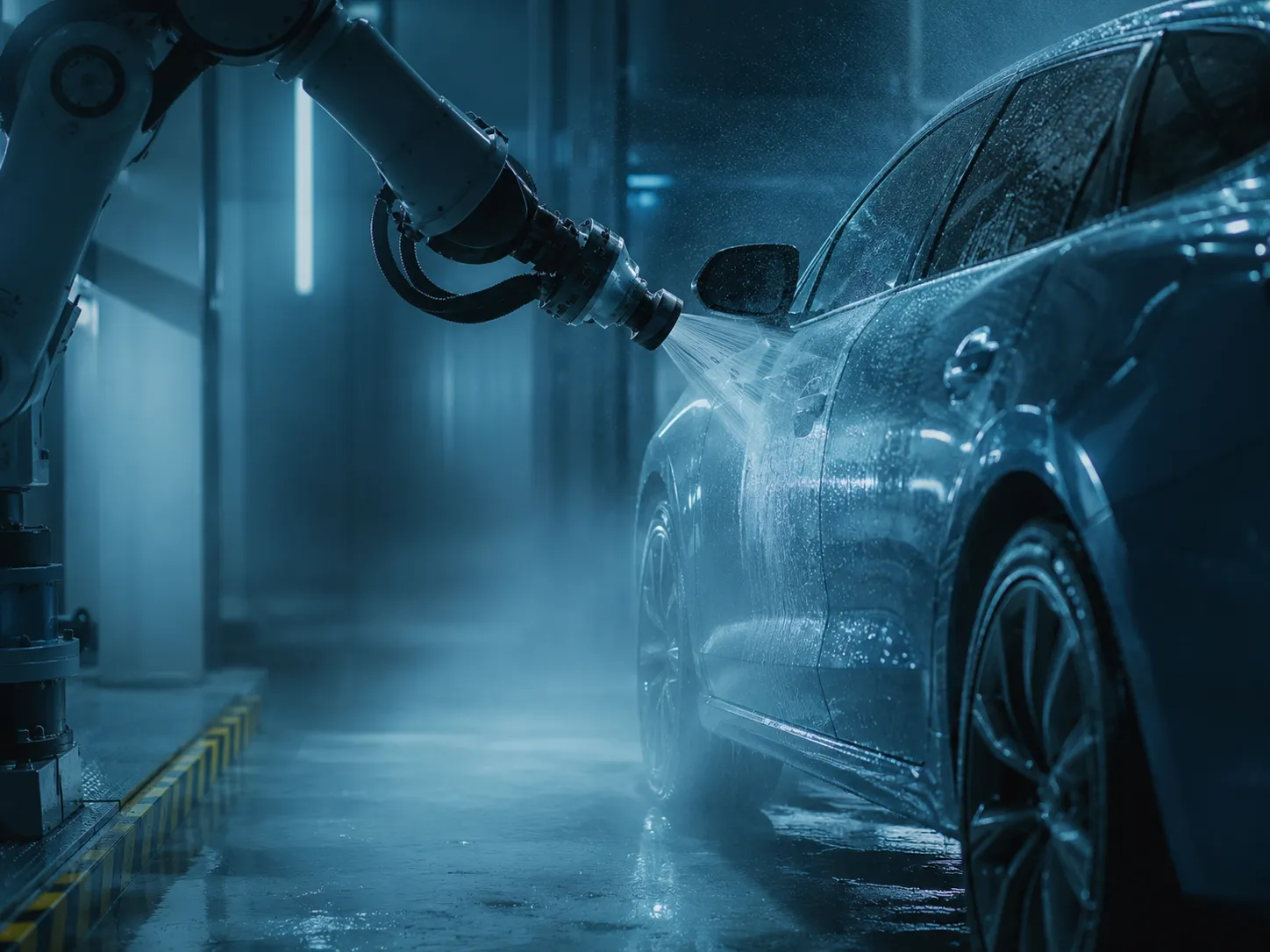 Vignette du projet — bras robotisé lavant une voiture dans un tunnel automatisé, ambiance bleutée.