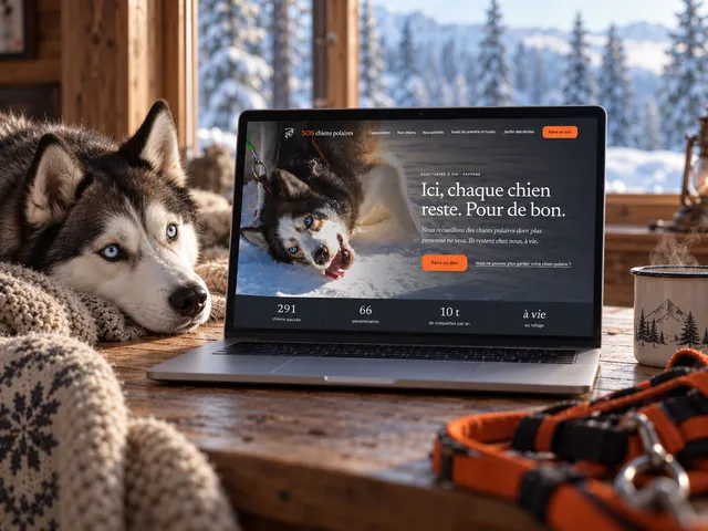 Le site de SOS Chiens Polaires sur un ordinateur portable, dans un chalet, un husky couché à côté.