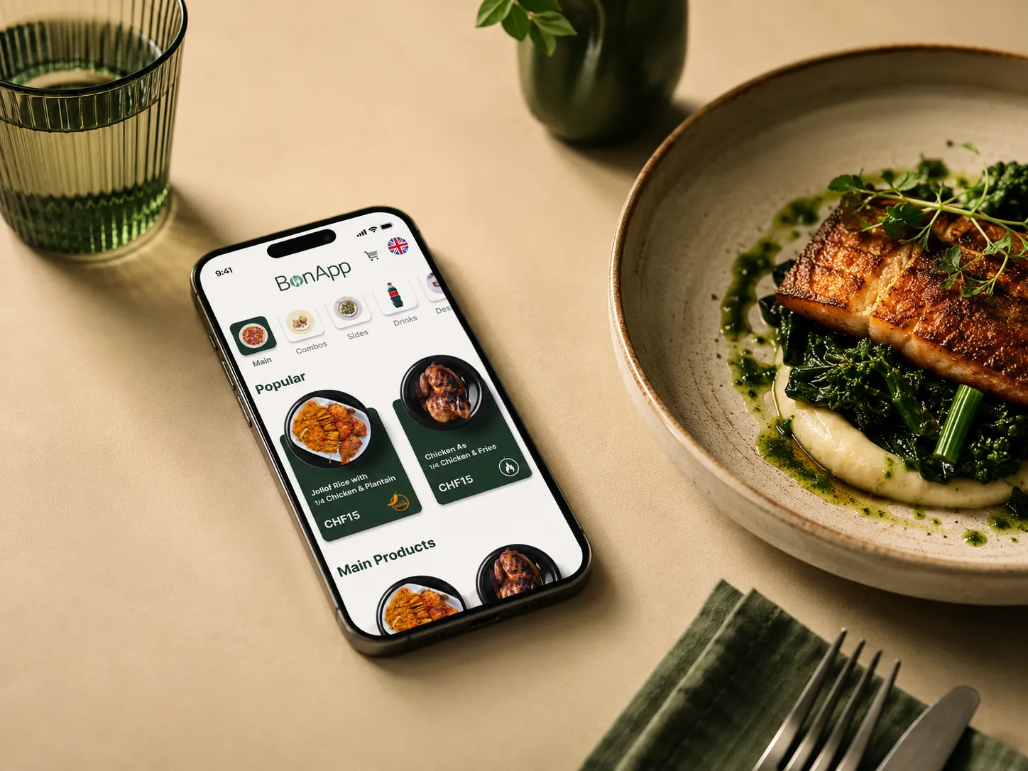 Vignette du projet — l'app BonApp affichée sur smartphone à côté d'un plat dressé, palette verte et crème.