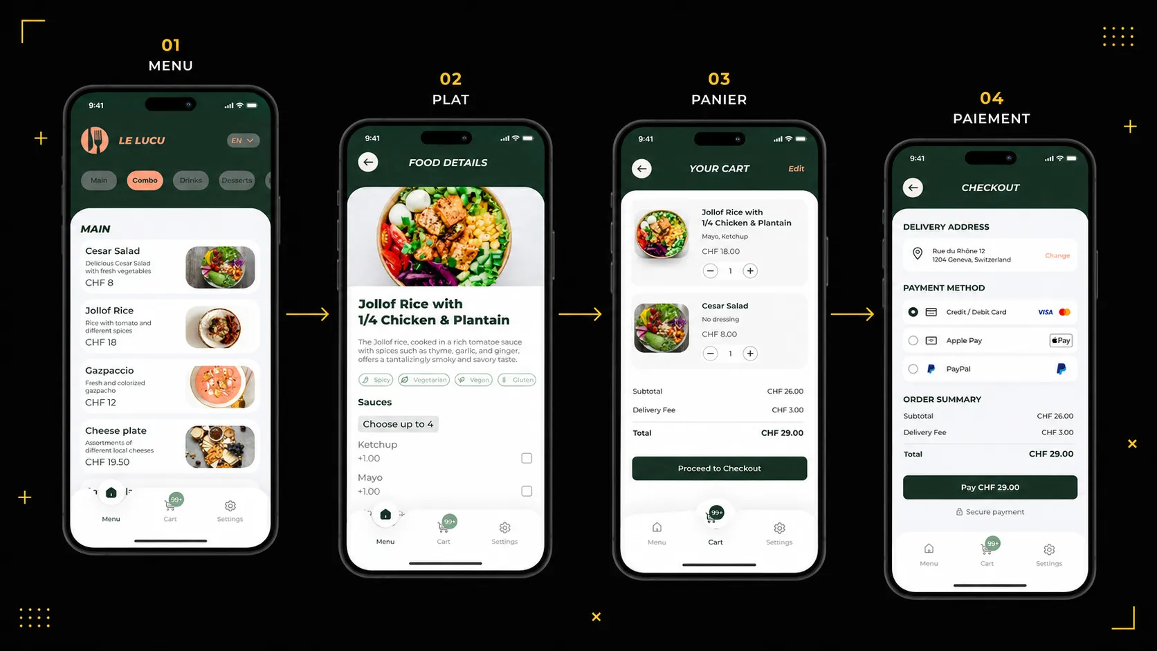 Écrans de l'app Customer — parcours de commande et paiement mobile