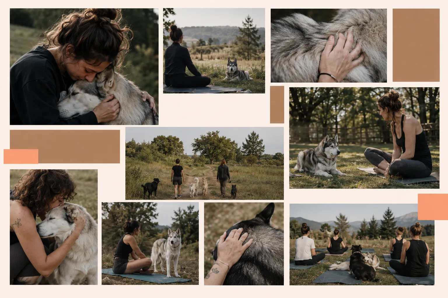 Moodboard « Dehors. Ensemble. » — pratiquants et animaux en extérieur, lumière naturelle, scènes documentaires.