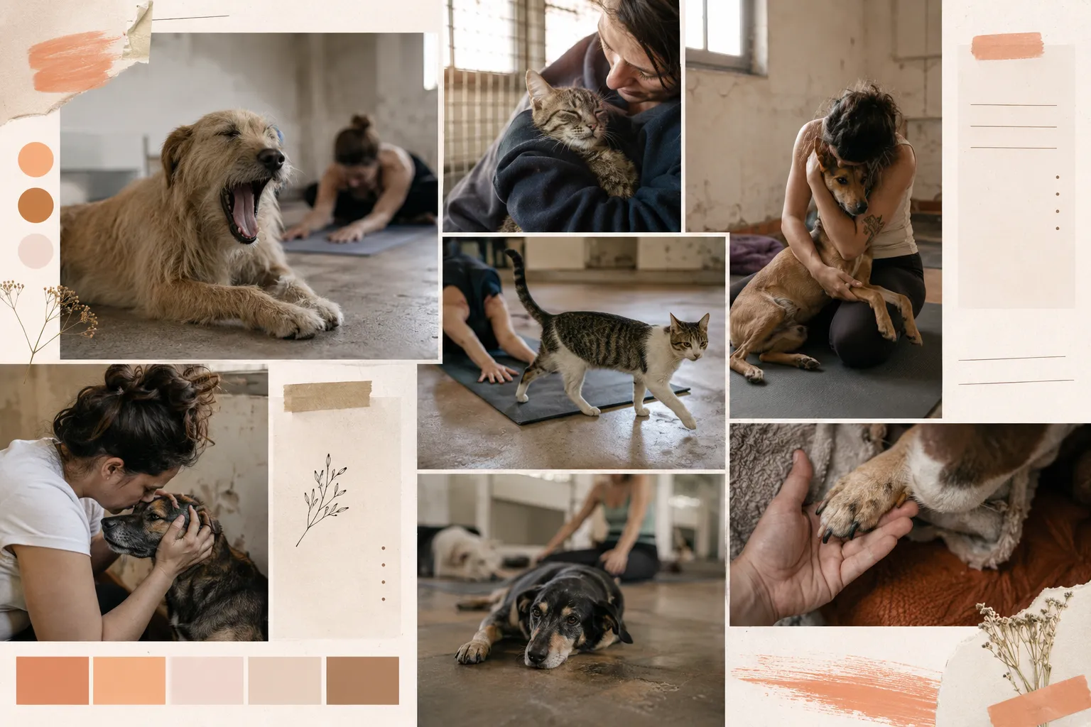 Moodboard « Documentaire émotionnelle » — gestes, regards, lumière naturelle, scènes spontanées entre humains et animaux de refuge.
