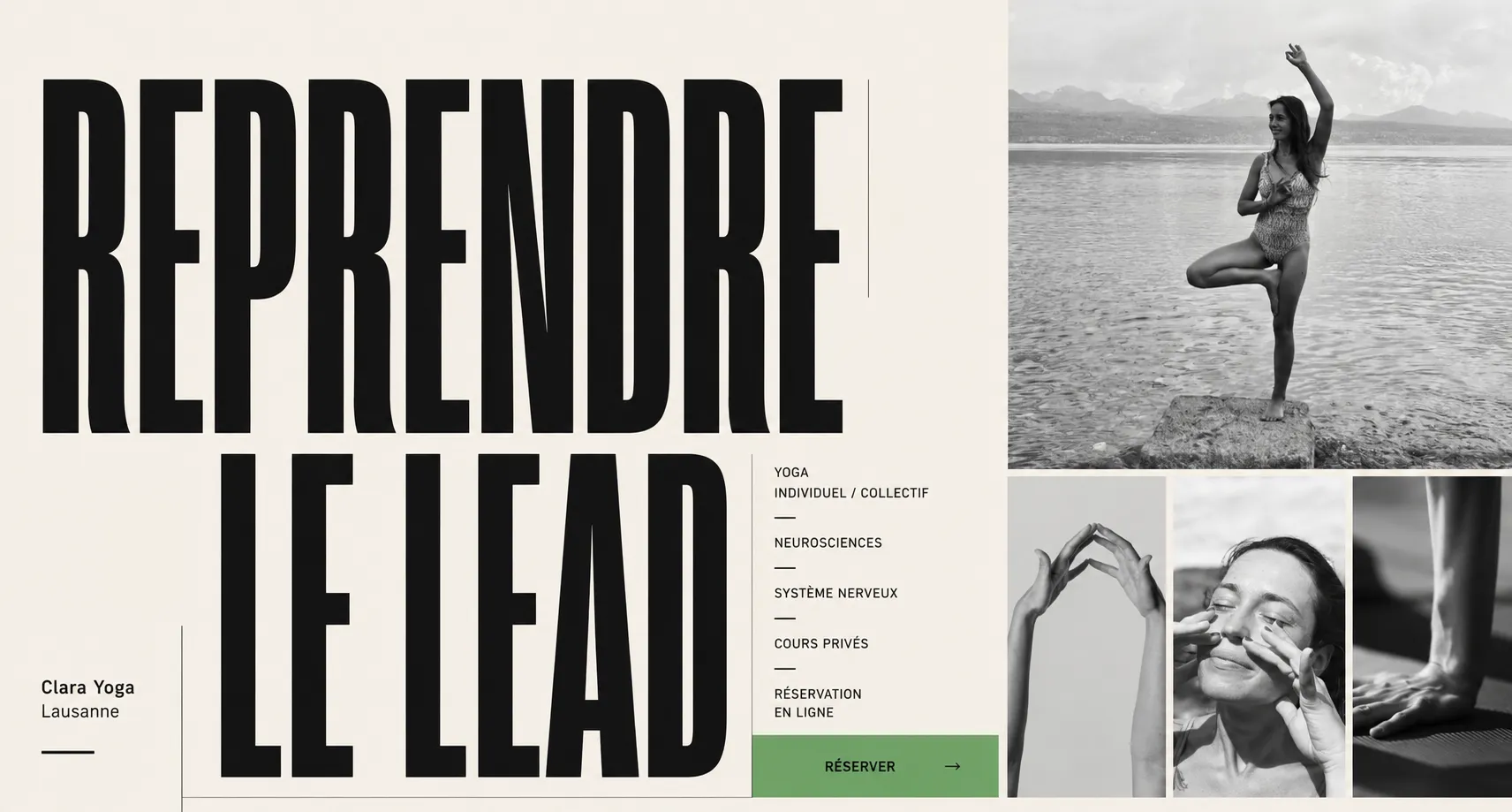Capture du site Clara Yoga — hero éditorial "Reprendre le lead", typographie sobre et palette naturelle.