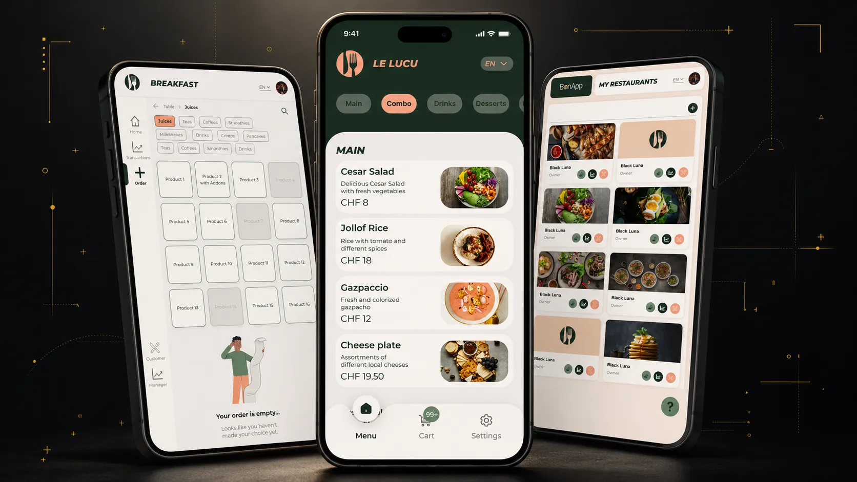 Maquettes de l'écosystème BonApp — apps Customer, Waiter et Manager pour la restauration.