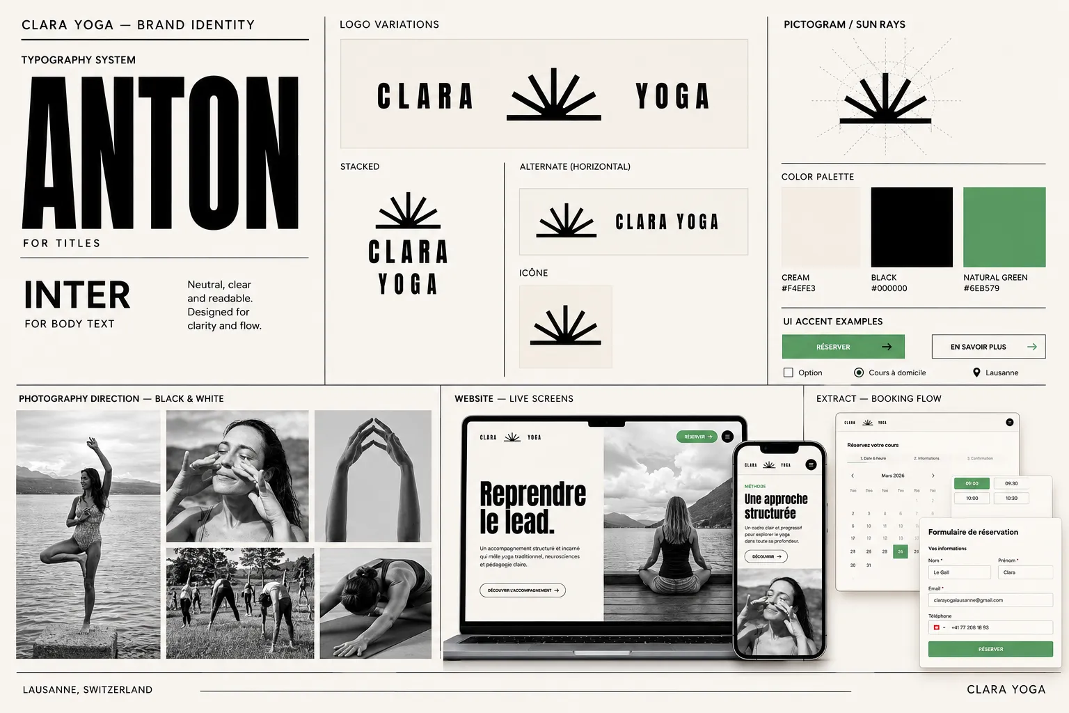 Planche d'identité Clara Yoga — système typographique Anton/Inter, déclinaisons du logo « CLARA / YOGA », pictogramme soleil, palette crème/noir/vert naturel et direction photographique noir & blanc.