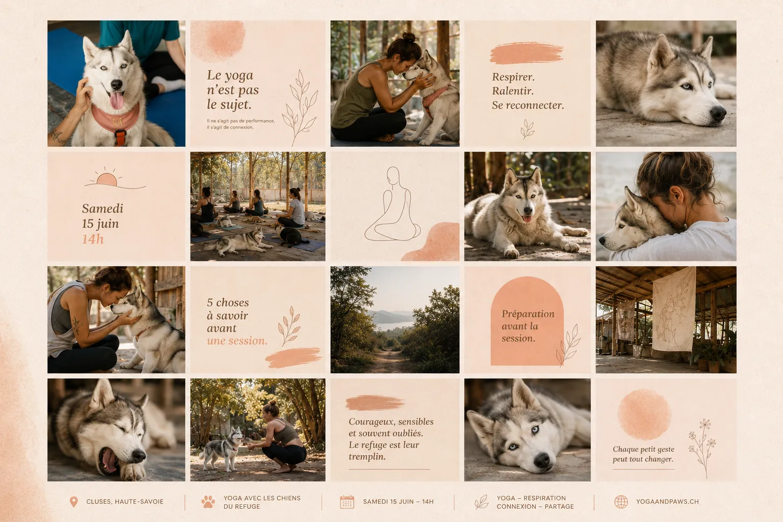 Planche « Le feed respire » — simulation de grille Instagram alternant photos émotionnelles, contenus éditoriaux et moments humains/animaux.