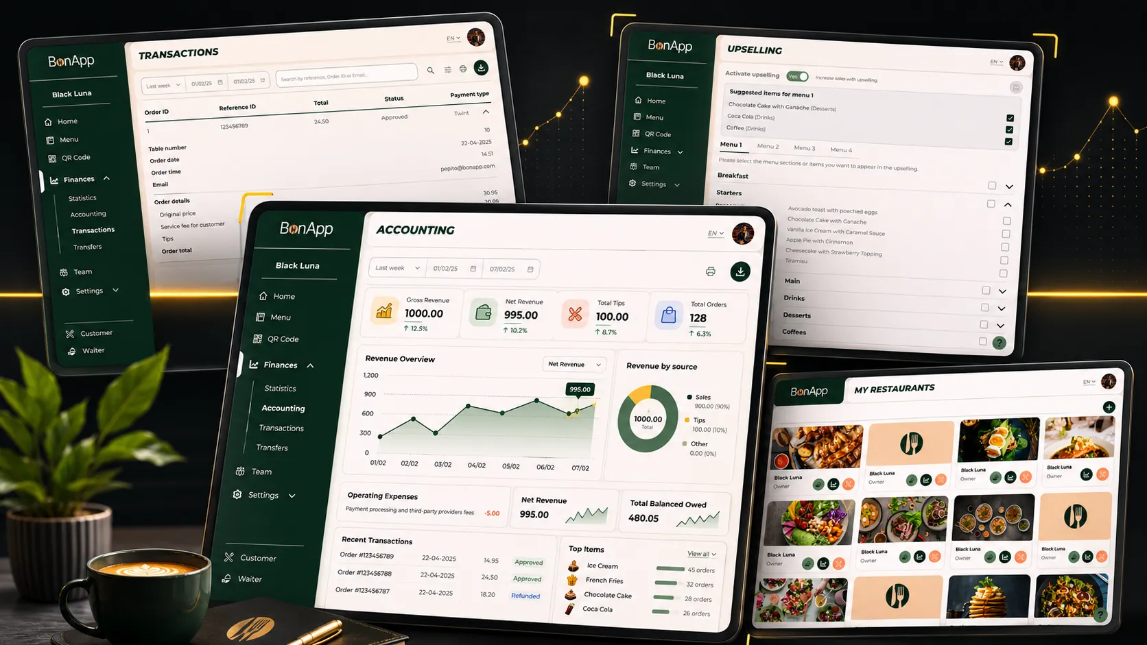 Écrans de l'app Manager — tableau de bord, statistiques et gestion du restaurant