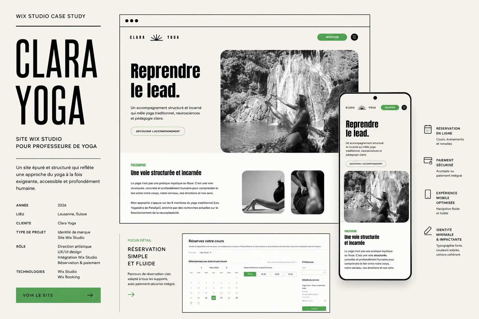 Mockup du site Clara Yoga sur desktop et mobile — hero « Reprendre le lead », section méthode et réservation, avec les métadonnées du projet.