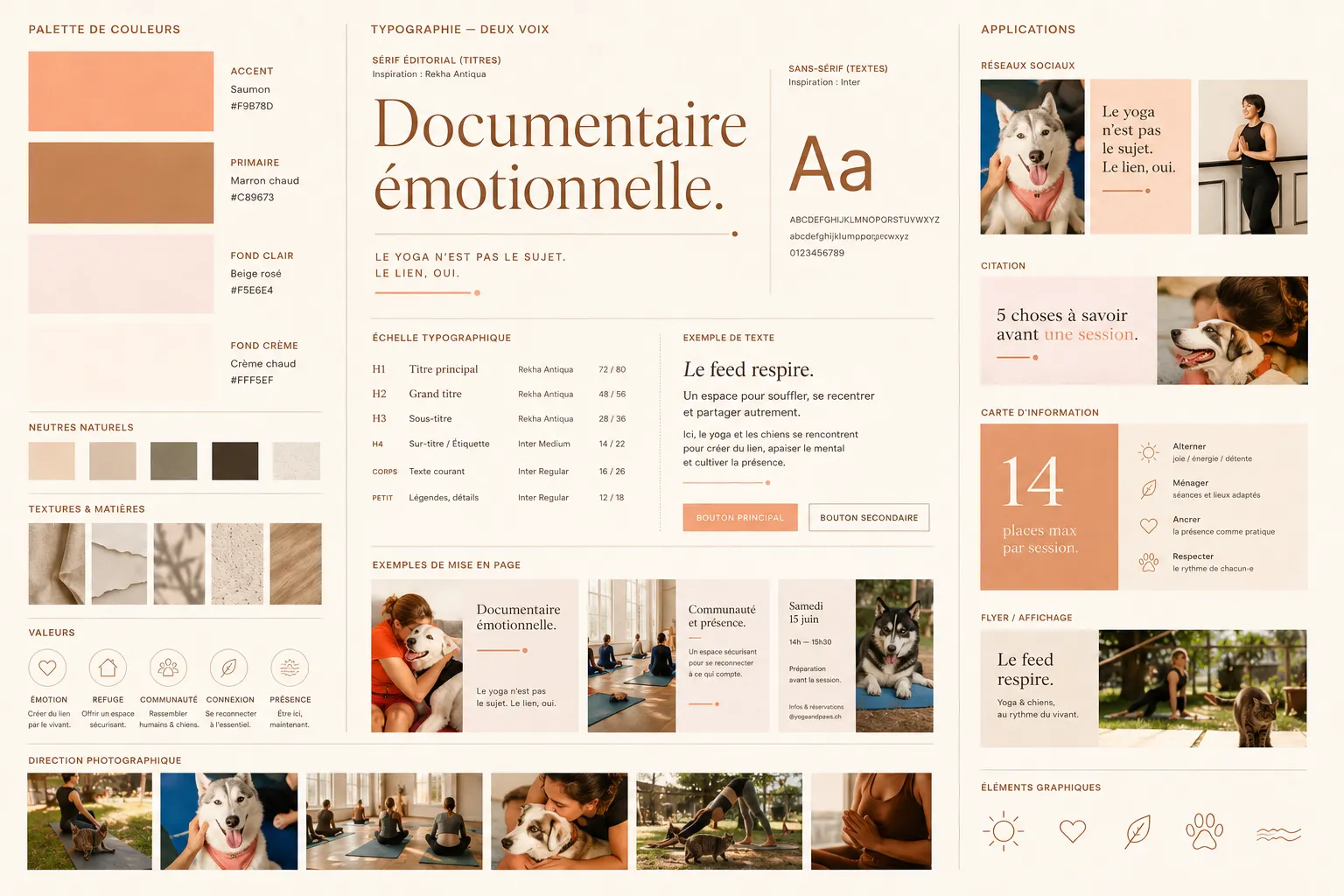 Palette de marque Yoga & Paws — saumon (#F9B78D), marron (#C89673), beige (#F5E6E4), avec la Rekha Antiqua en titres et l'Inter en texte courant.