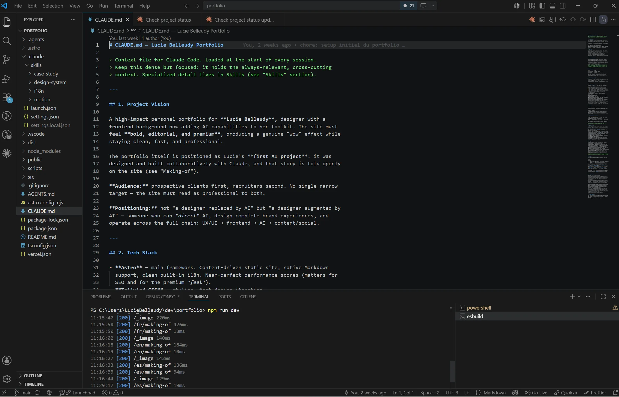 VS Code ouvert sur CLAUDE.md avec l'arbre .claude/skills/ déployé dans l'Explorer — les quatre skills custom du projet (case-study, design-system, i18n, motion) visibles.