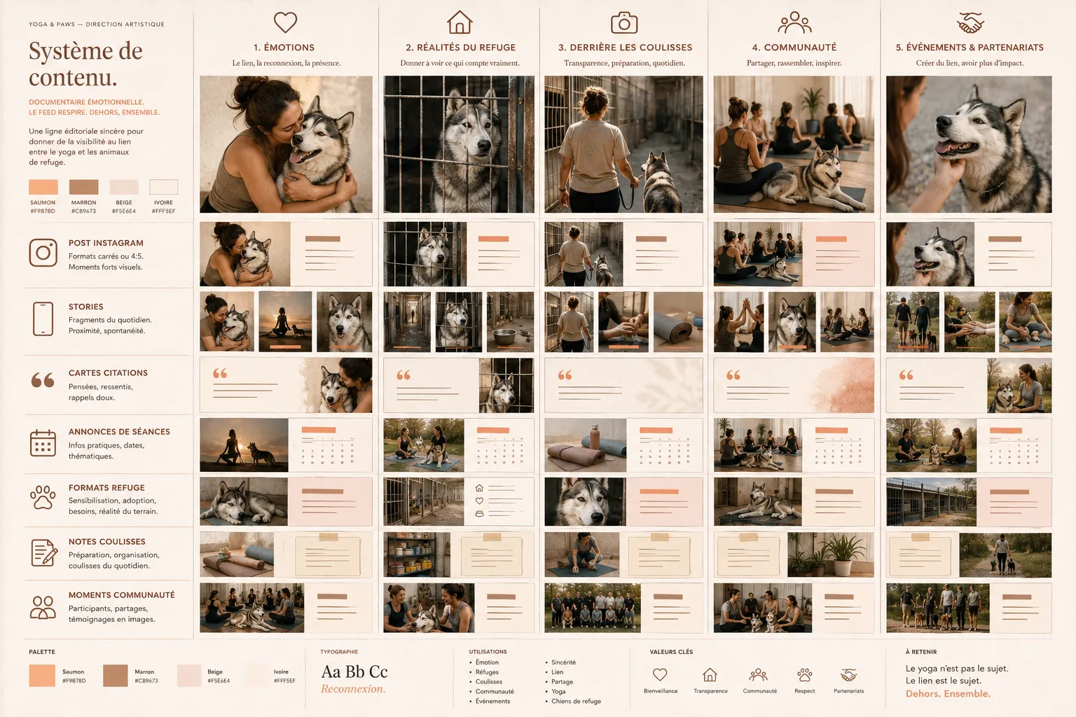 Planche des cinq piliers de contenu et des templates associés — citations, annonces de session, formats refuge, stories coulisses.