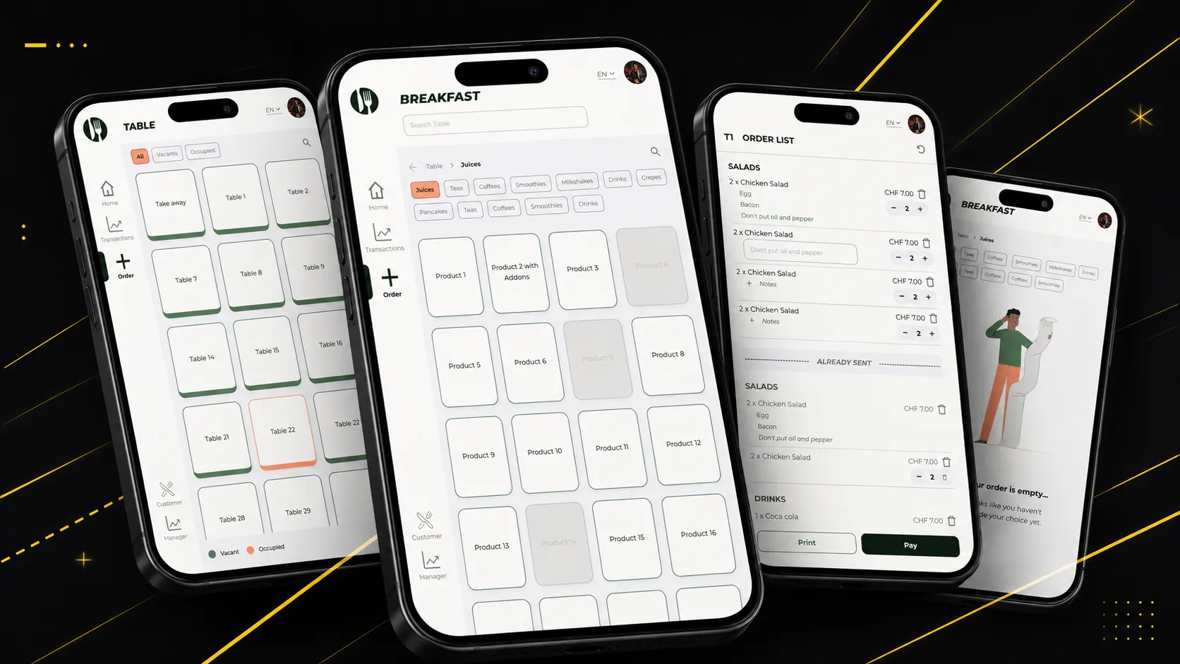 Écrans de l'app Waiter — sélection des tables, navigation des menus, panier et encaissement