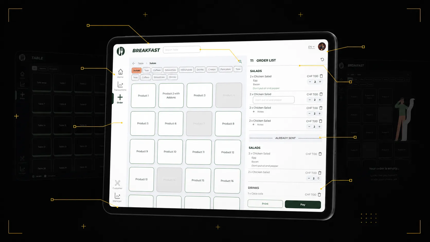 Écrans de l'app Waiter — navigation des menus et prise de commande